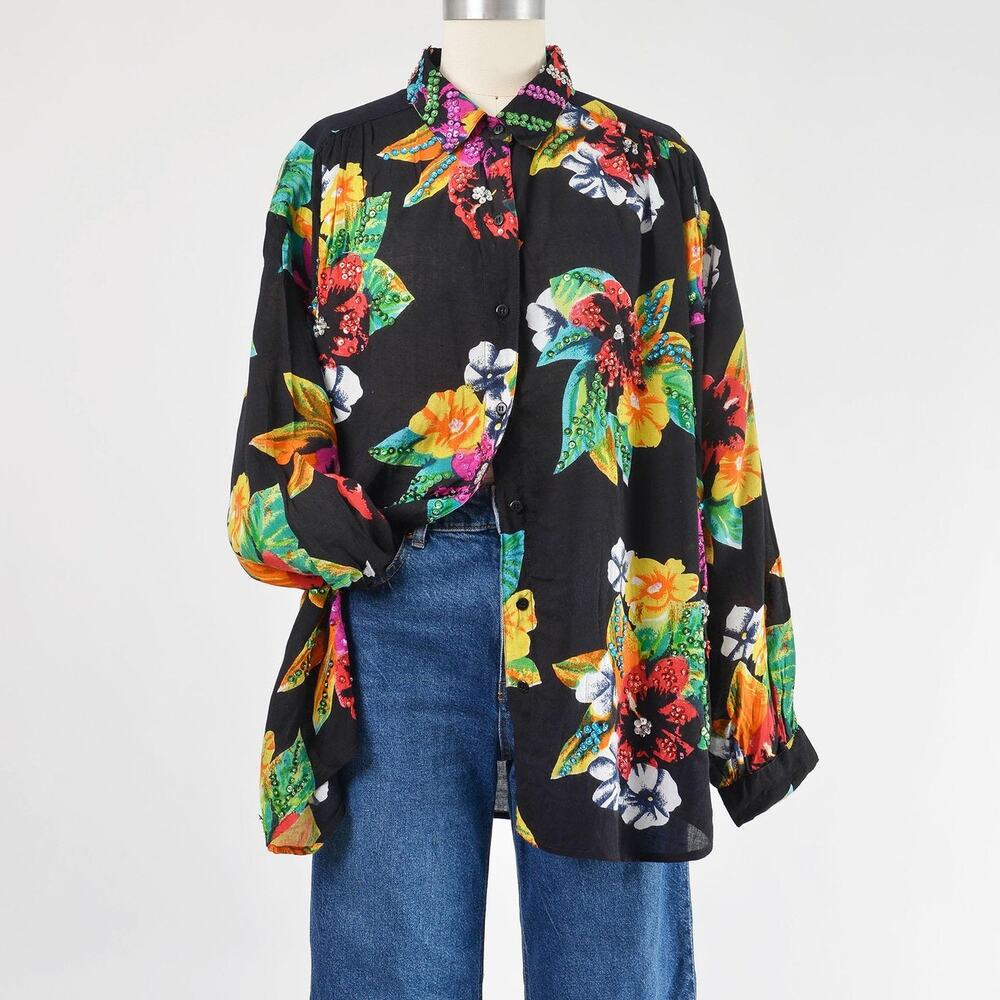 Vintage 90s Black Tropical Floral Beaded Button Down Blouse size L XXL - Picture 1 of 9